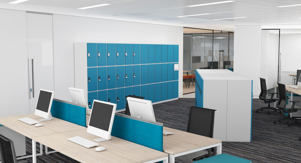 locking file cabinets and employee lockers in an office